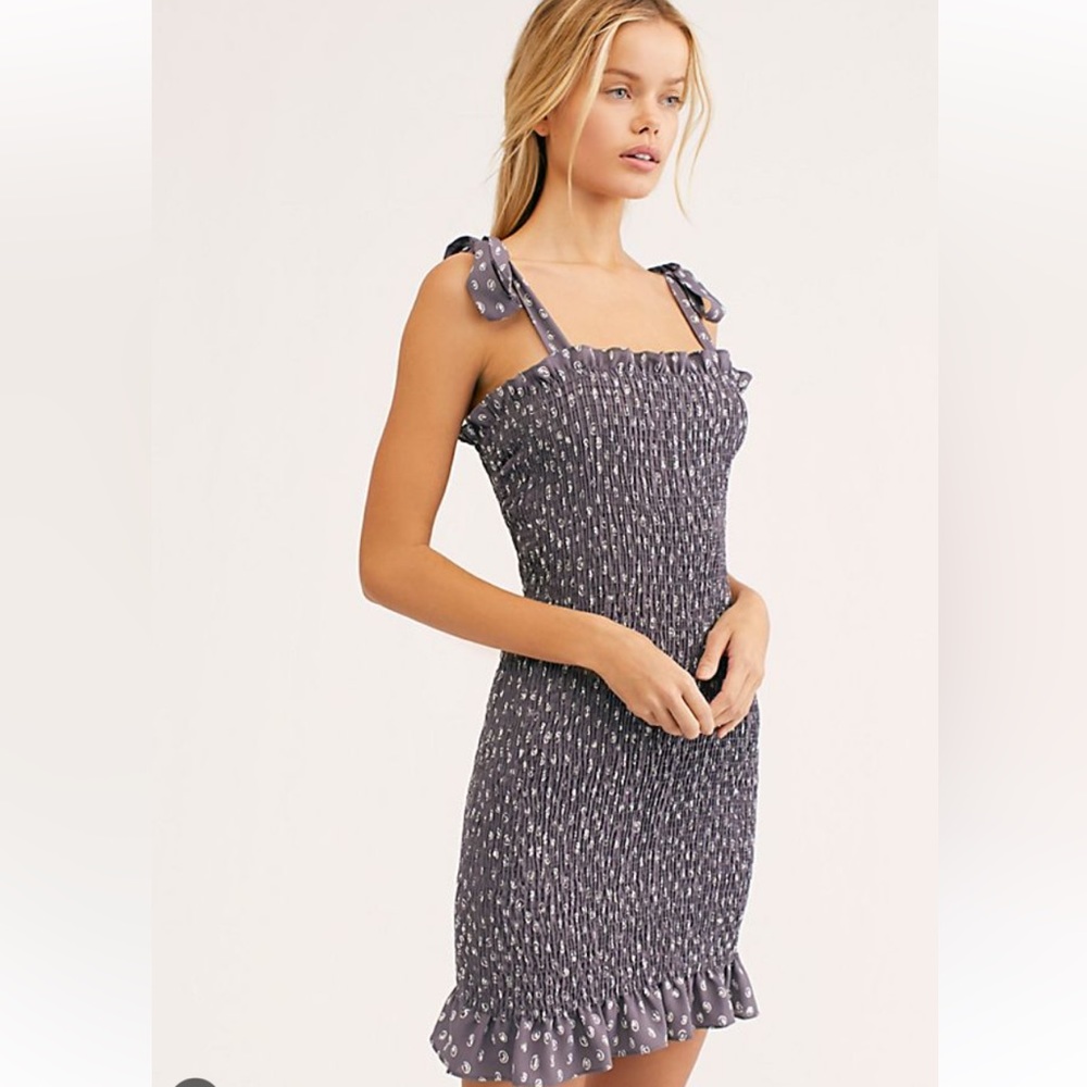 Free people smocked slip dress, size small in grey